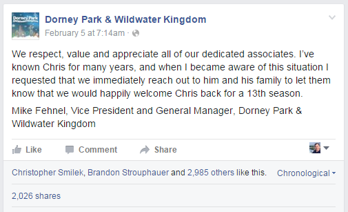Dorney eventually responded - but only issuing one statement and not responding to individuals only incited more anger towards the park. 