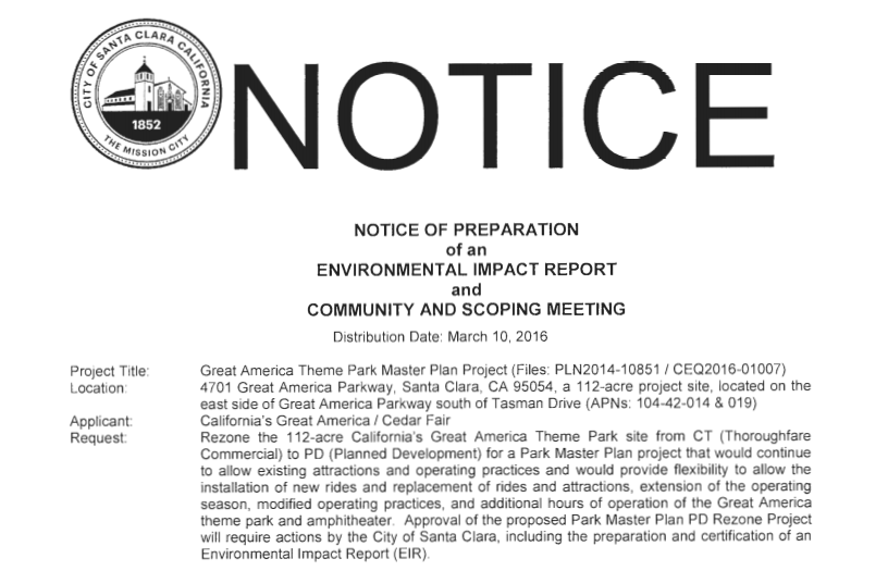 The official notice from the City of Santa Clara, announcing the proposed change in zoning