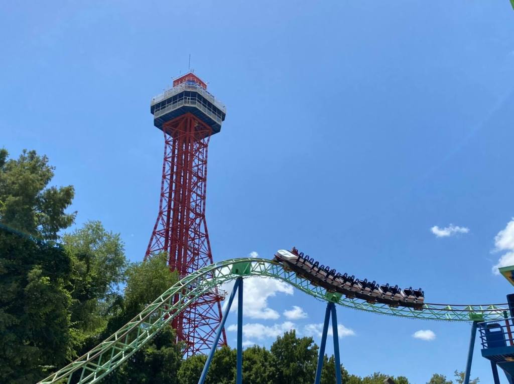 Shock Wave roller coaster and Oil Derrick at Six Flags Over Texas